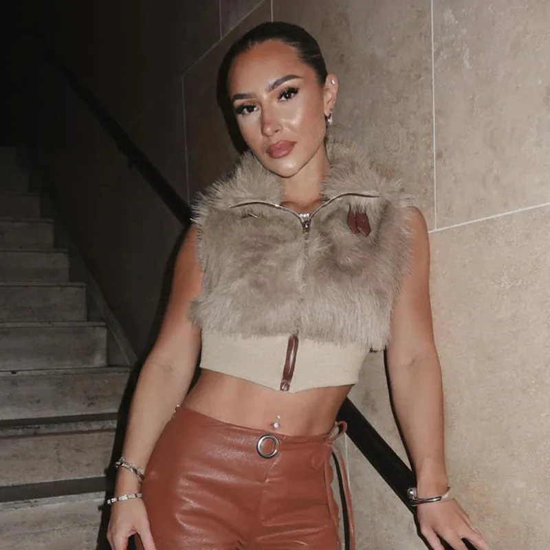 2025 Fall Winter Faux Fur Jackets Vests Women Fashion Metal PU Leather Buckle Turn Down Collar Sleeveless Zipper Short Coats