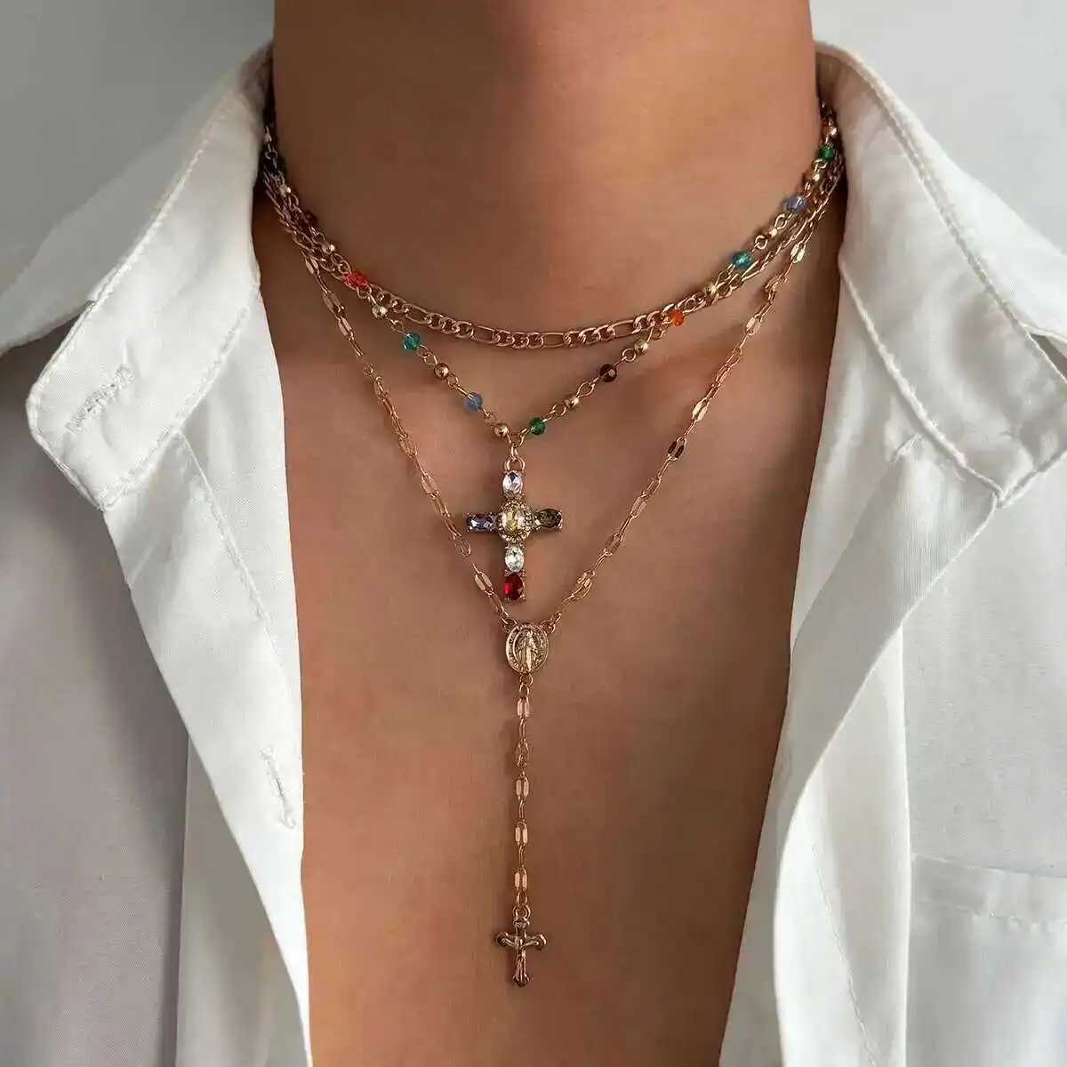 Salircon Punk 3Pcs/Set Colorful Zircon Cross Pendant Necklace Women Men Trendy Hip Hop Metal Chain Necklace Jewelry Gift 2025