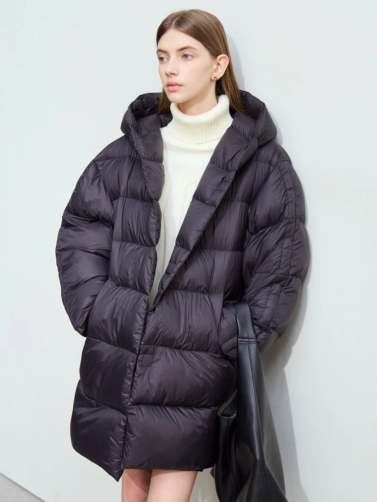 AMII Minimalistische Daunenjacke mit Kapuze für Damen, 2025, Winter, neue warme Entendaunen mit Gürtel, magnetische Schnalle, lose Oberbekleidung 12424001