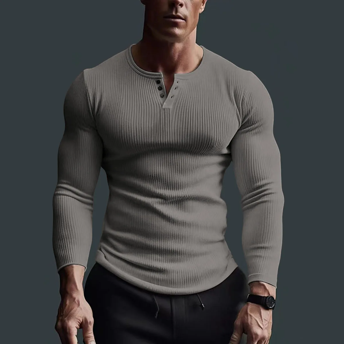Men's Ribbed Long‑Sleeve Henley T‑Shirt, Button Notch Neck Slim Fit Stretch Casual Fall Spring Autumn Daily Casual Tops ﻿