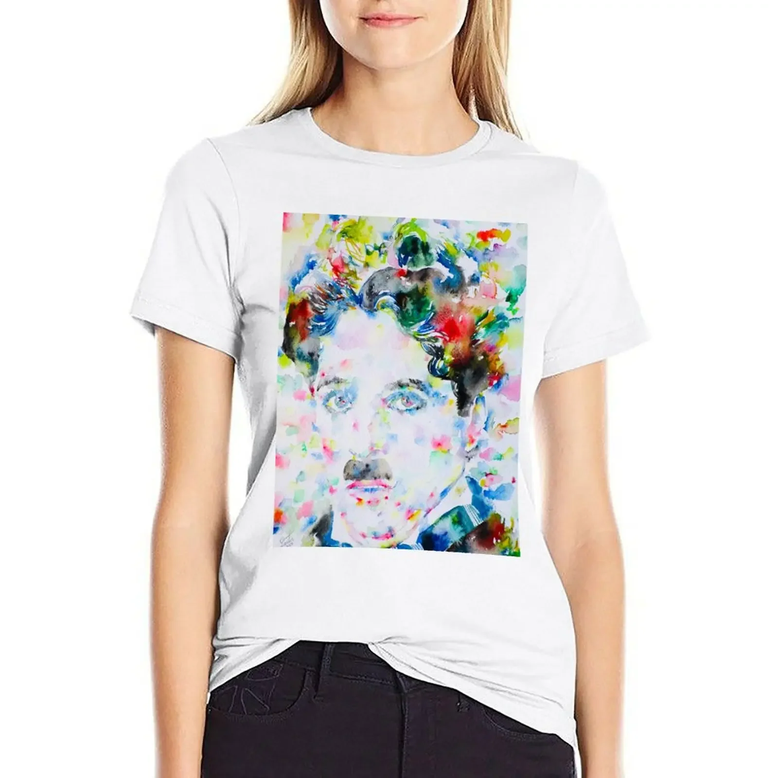 CHARLIE CHAPLIN - watercolor portrait .2 T-shirt female korean fashion Women's summer blouses 2024