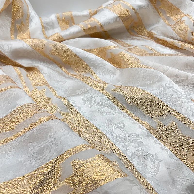 

Gorgeous Golden Organza Striped Fabric for Clothing and Cheongsam Dresses Fabric By The Yard