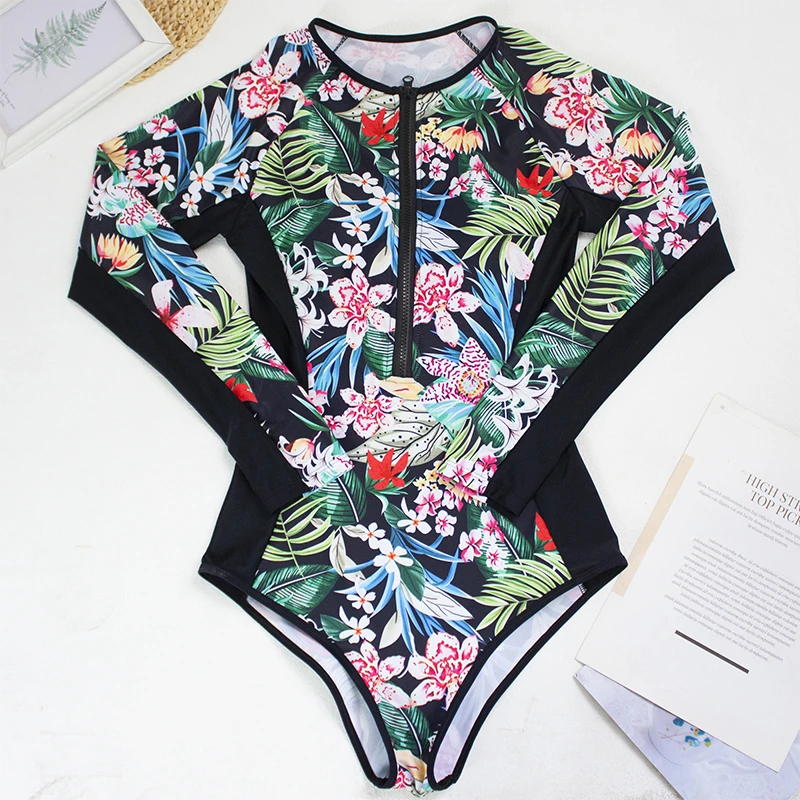 Print Floral One Piece Swimsuit Women Swimwear Monokini Long Sleeve Printed Female Bathing Suit Surfing Bodysuit Swim Wear Beach
