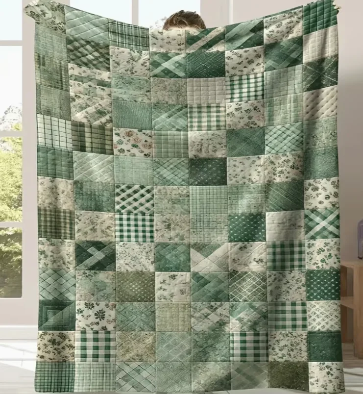 Green Patchwork Flannel Blanket All Season Bedspread with Shades of Green White Brown and Sage Comfortable Throw for Couch, Bed