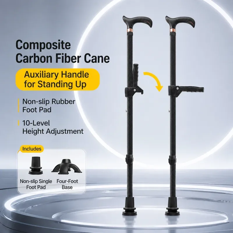 Ultra Light Carbon Fiber Crutches for Elderly with Handrails Telescopic Auxiliary Walking Sticks Four Foot Walking Aids