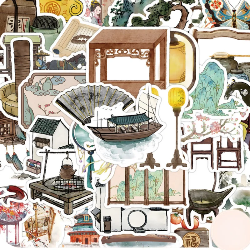 

60 Pieces of Vintage Chinese-Style Aesthetic Stickers, Waterproof Oriental Ancient Architecture Scenery Stickers, Suitable for Scrapbooking, Diaries, Water Bottles, Notebooks, and DIY Decoration