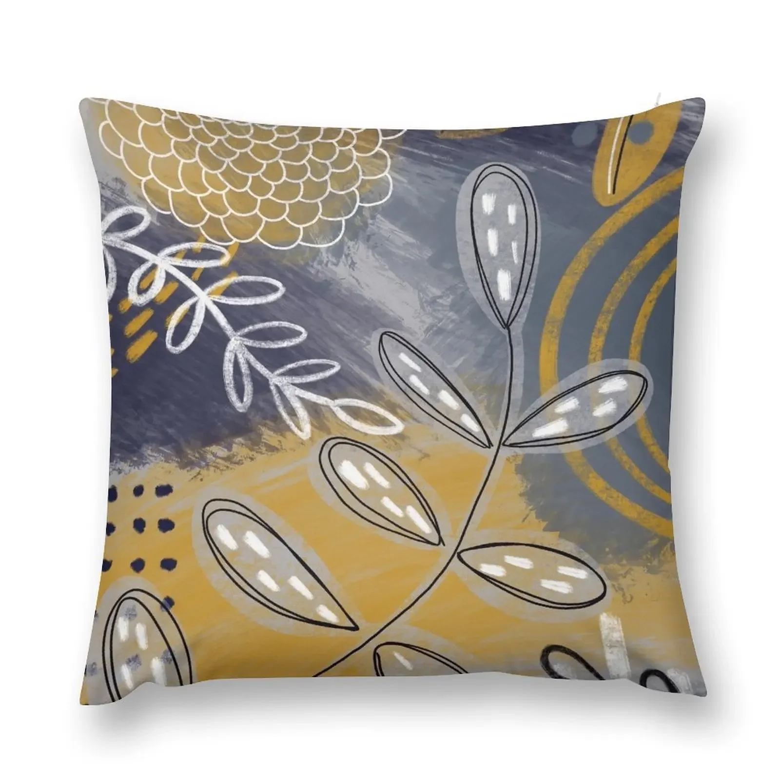 

Abstract floral outlines in blue, grey and mustard yellow Throw Pillow Cushions Home Decor Embroidered Cushion Cover pillow