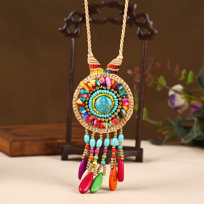 2022 New Ethnic Style Wax Thread Hand-woven Women\'s Sweater Chain Fashion Turquoise Gravel Hanging Spike Long Necklace Jewelry