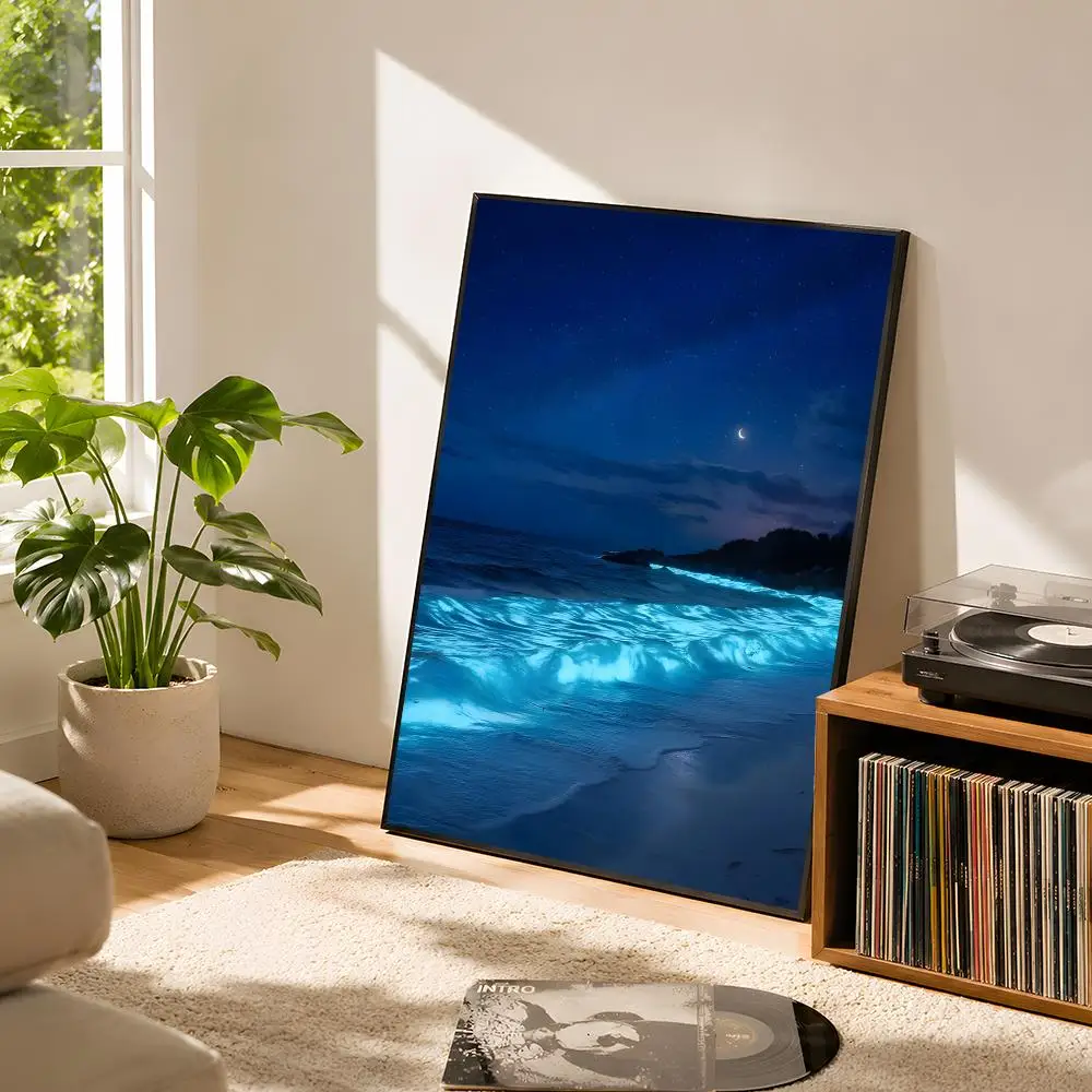 Tropical Ocean View Wave Curl Bioluminescent Waves Modern Poster Self Adhesive Matte Wall Art Removable Home Room Decoration