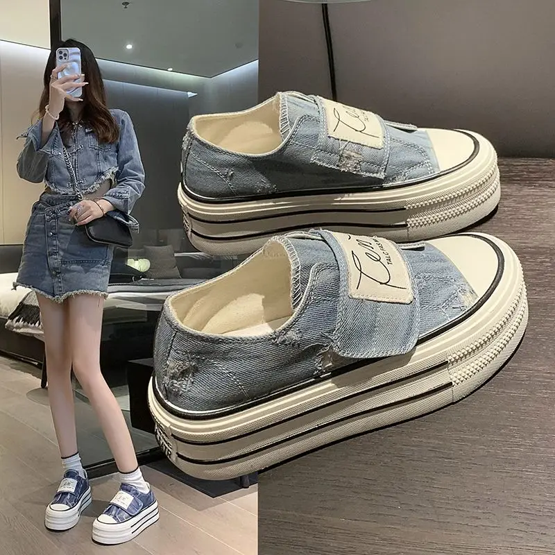 

New Woman Platform Sneakers Wedge Shoes Female 5cm Height Ladies Breathable Denim Cloth Casual Shoes Thick-soled Canvas Shoes