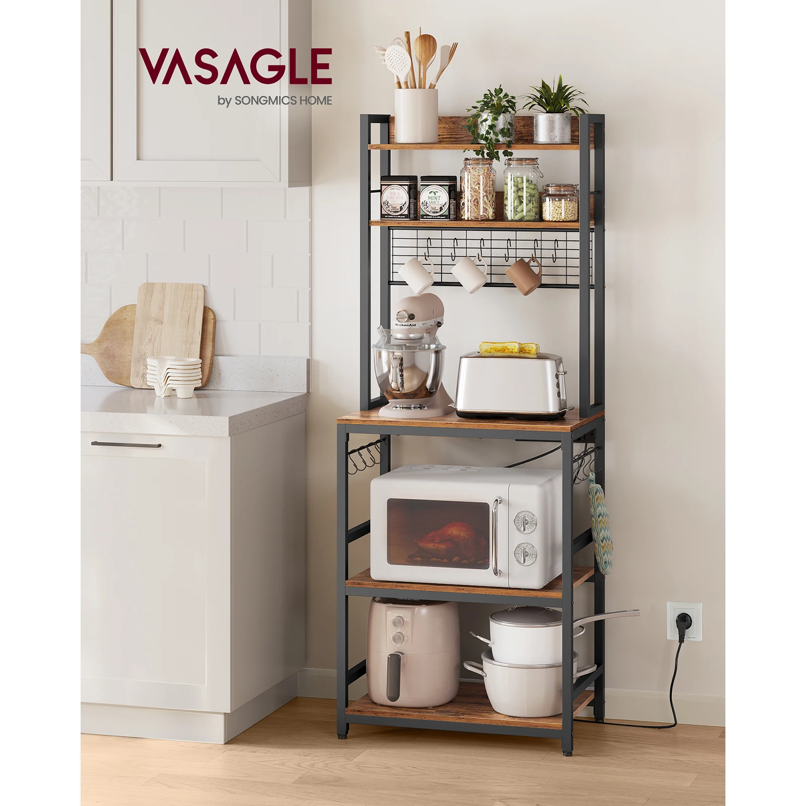 VASAGLE Bakery Shelf with Power Outlet, Microwave Stand, Kitchen Shelf, Metal Wire, 14 Hooks, 40 x 60 x 170 cm, Brown and Black