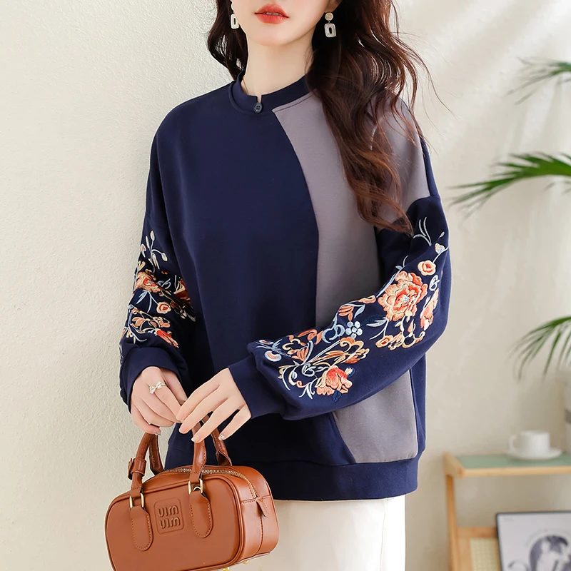 Felpa con ricamo pesante patchwork retrò cinese Sle plus Size Top rotondo casual da donna per sorella grassoccia
