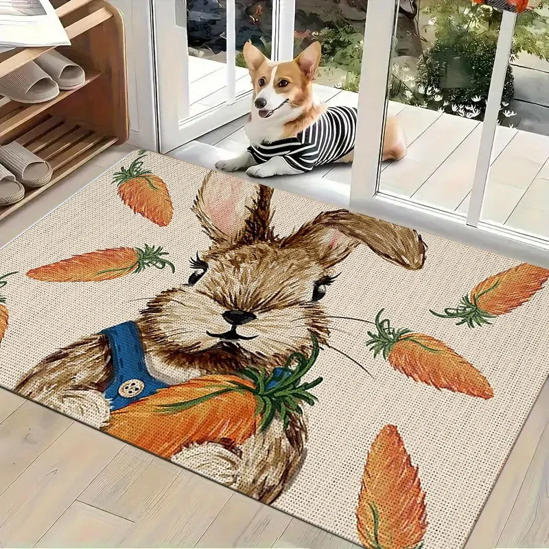 Spring themed 2D printed entrance mat with rabbit holding carrot and scattered vegetable motifs for seasonal retail decoration