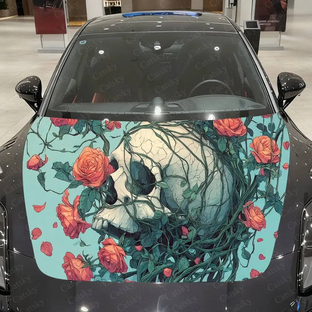 

Turquoise Vined Skull Car Vinyl Wrap, PVC Waterproof Car Hood Sticker, Self-Adhesive Scratch-Resistant Stickers