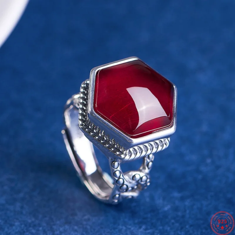 S925 Sterling Silver Charms Rings for Women Men New Fashion Palace Style Retro Carving Hexagonal Red Corundum Punk Jewelry