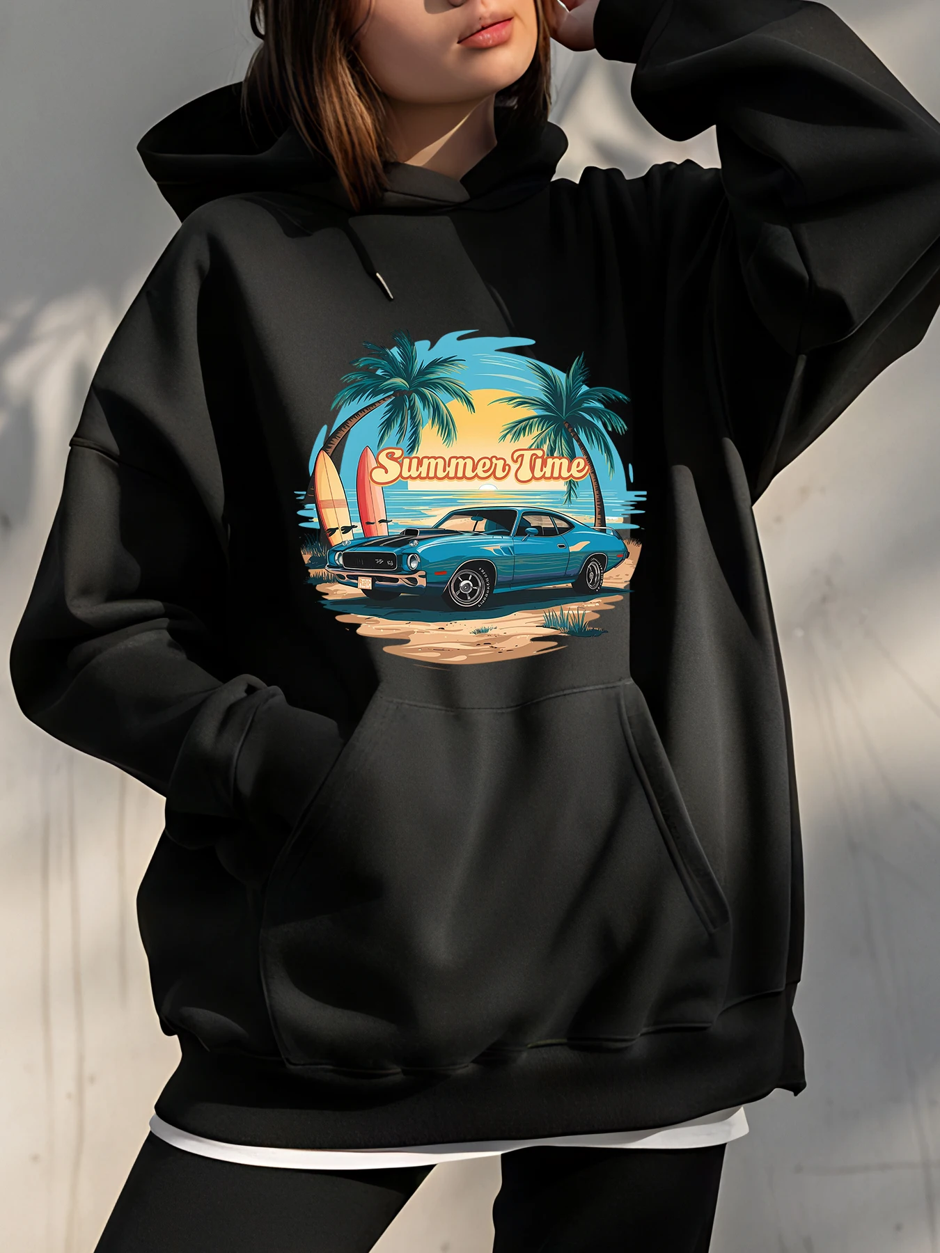 

Летняя толстовка с принтом пальмы автомобиля, унисекс, повседневная уличная толстовка для мужчин и женщин