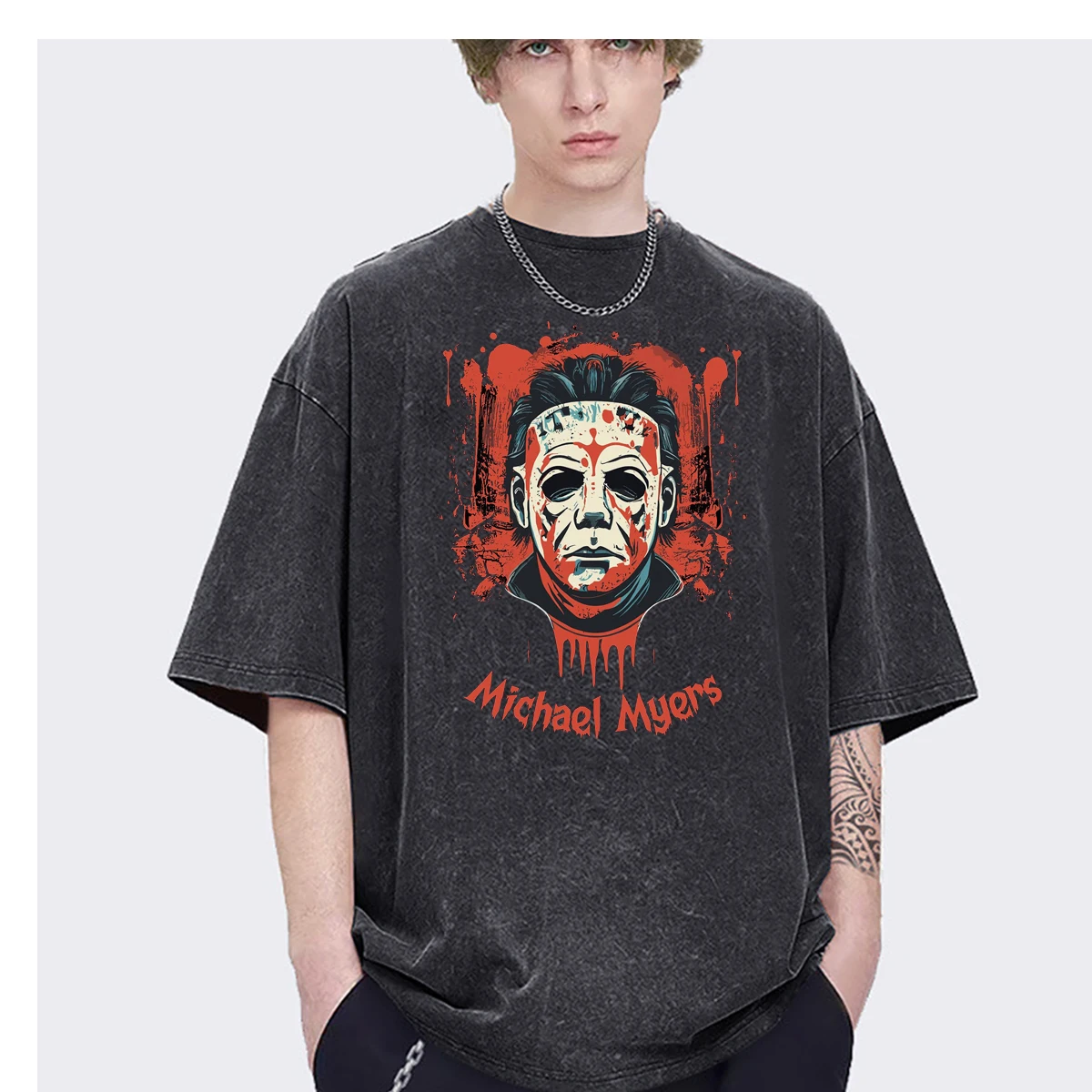 

Halloween Michael Myers Scary Horror Movie Streetwear Hiphop Oversized Ins mens t-shirt Fashion Casual Vintage Washed Cotton Tee