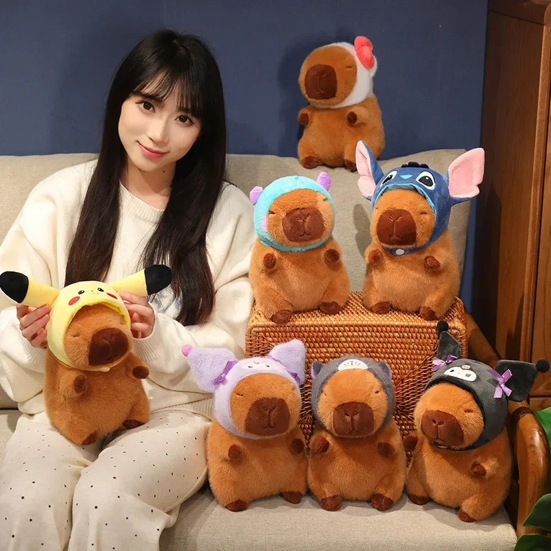 Precioso capibara con sombrero de Pikachu, sombrero de gato Lucifer de punto, juguete de peluche, animales de peluche creativos, muñeco de capibara, bolso para niña, regalos colgantes