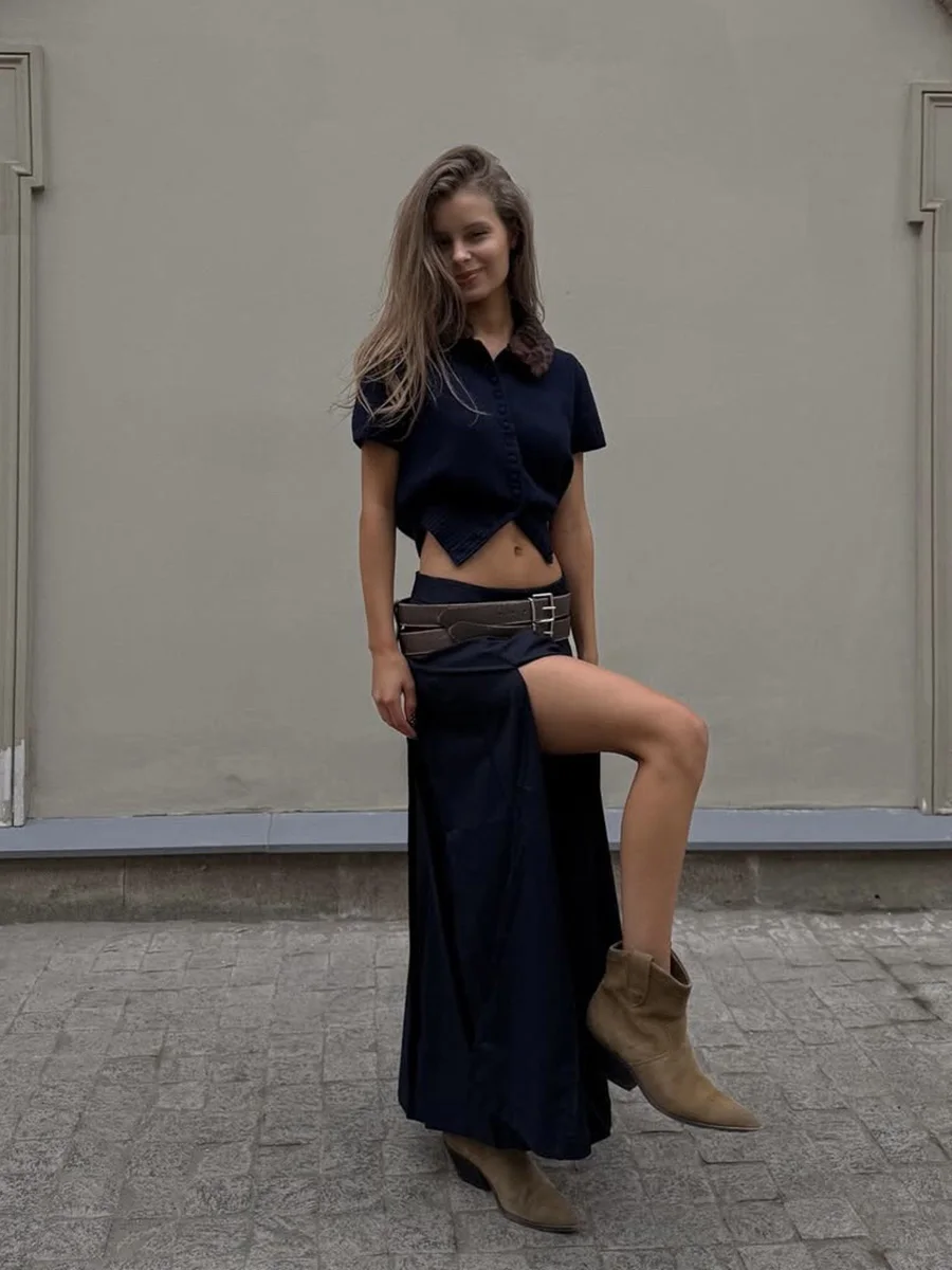 البحرية محبوك سليم تي شيرتات قصيرة الاكمام المرأة ترتيب الأسرة طوق واحدة الصدر تي شيرت الإناث خمر موضة بسيطة تيز القمم