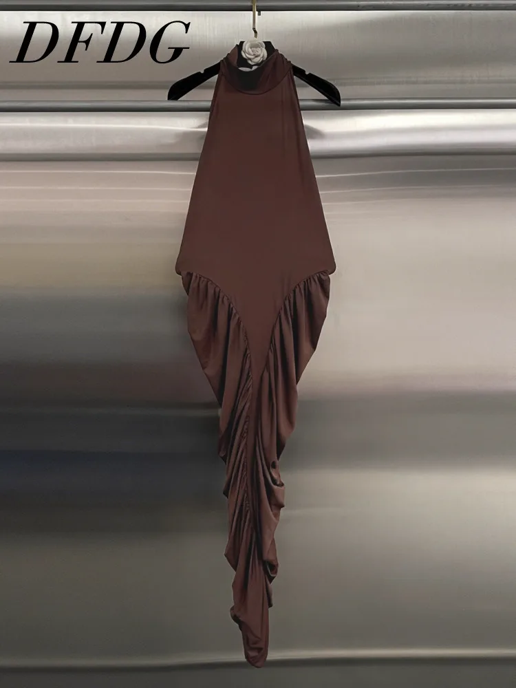 여성용 2025 디자이너 홀터 하이넥 스모크드 바디콘 패셔너블 러플드 칵테일 파티 드레스 봄 여름 이브닝 드레스