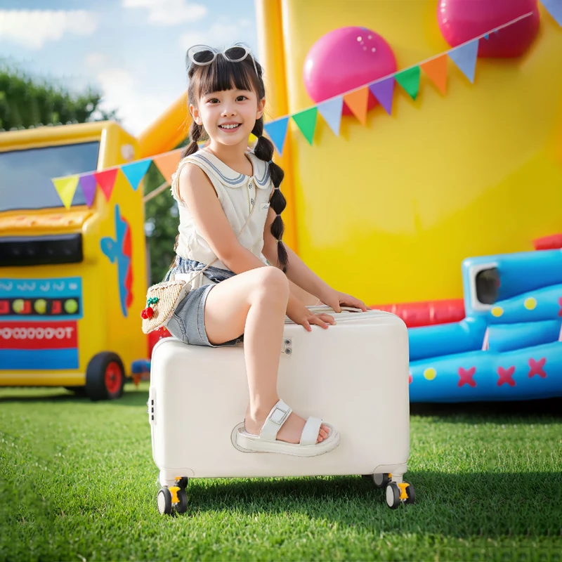 

Children's Luggage Sit to Ride on Cabin Suitcase Wooden Trolley Case with Braking Wheels Baby Travel Bag