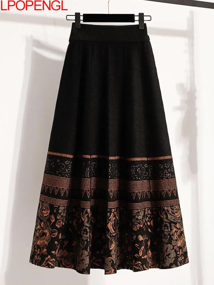 Ethnic Style Wool Knitted Ankle-length Skirt Women Autumn And Winter Thick Style High Waist A-line Umbrella Large Swing Skirt