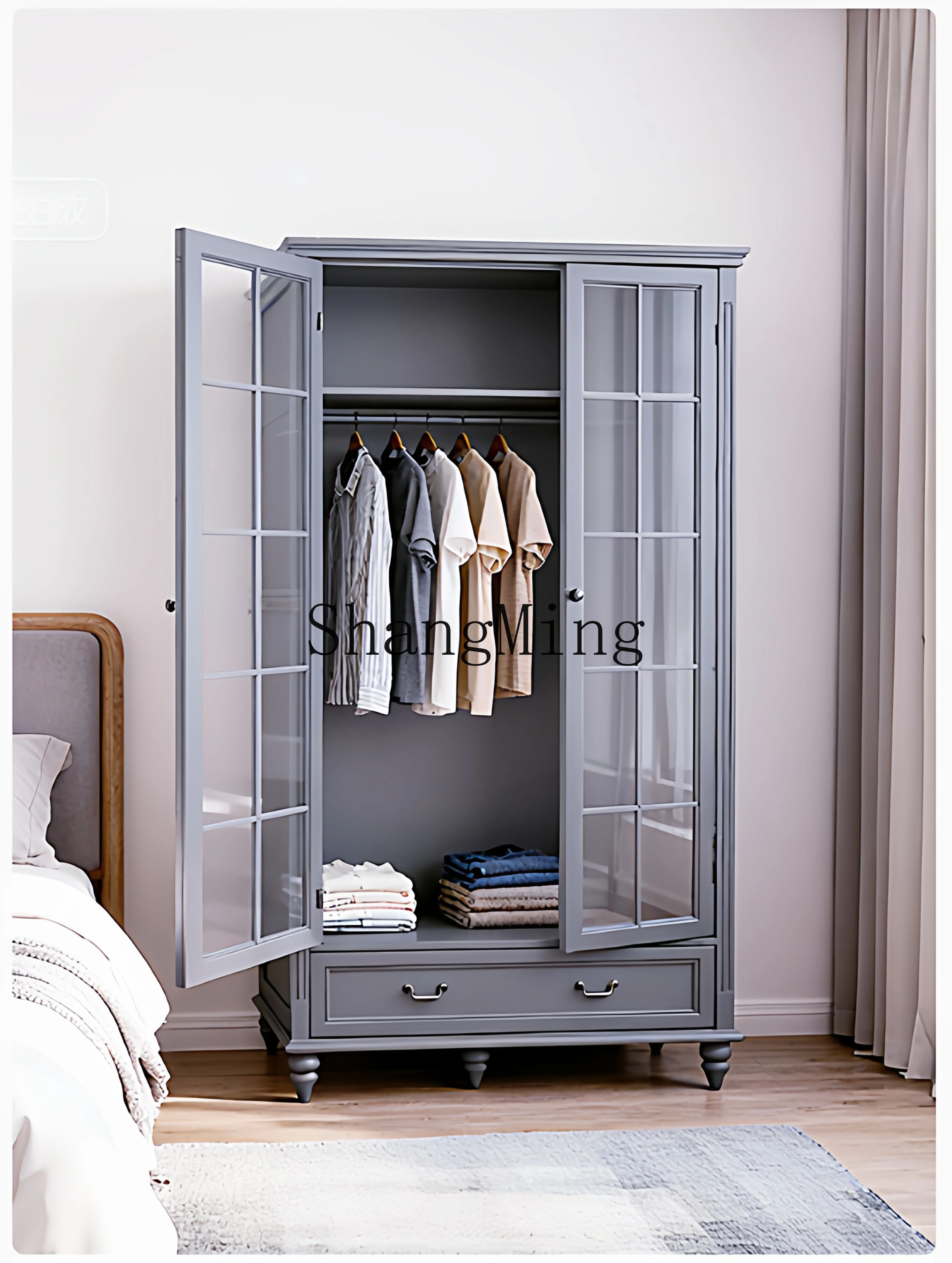 CL pure solid wood double door wardrobe bedroom wardrobe 2 doors/3 doors retro premium gray storage storage hanging wardrobe