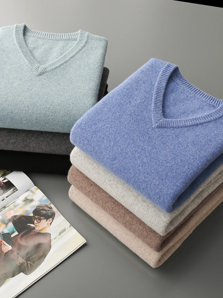 

2025 New Men's 100% Merino Wool Sweaters V-Neck Loose Knitted Pullovers Large Size Autumn Winter Warm Top Long Sleeve Jumpers
