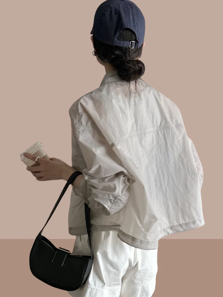 

Women's Summer Fashionable Lightweight Stand Collar Short Coat Casual Pocket Design Sun Protection Clothing Thin Style Outerwear