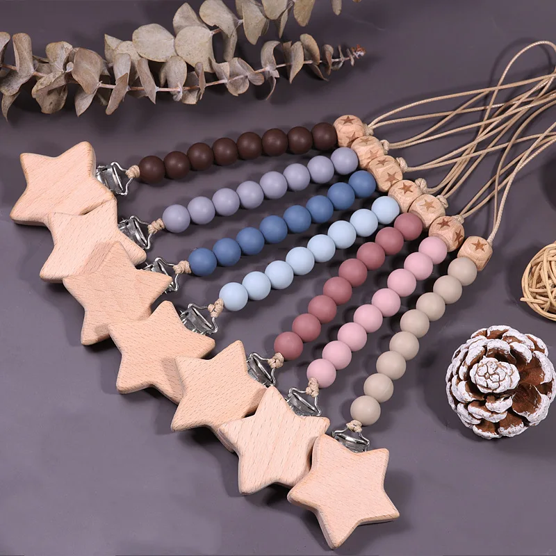 Wooden Baby Pacifier Chain Silicone Bead Dummy Nipple Holder Guard Teether Pendant Newborn Gift Stuff