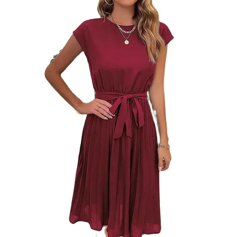 

Women Fashion High Waist Lace-up Pleated Dresses Summer See-through Hem Ultra Short Flying Sleeve Dress Female Casual Party Gown