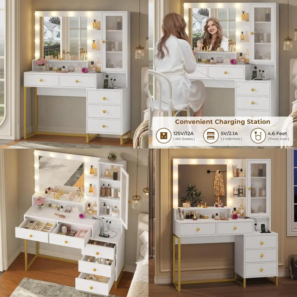 Large LED-lit Makeup Vanity Desk with Charging Station and 10 LED Bulbs