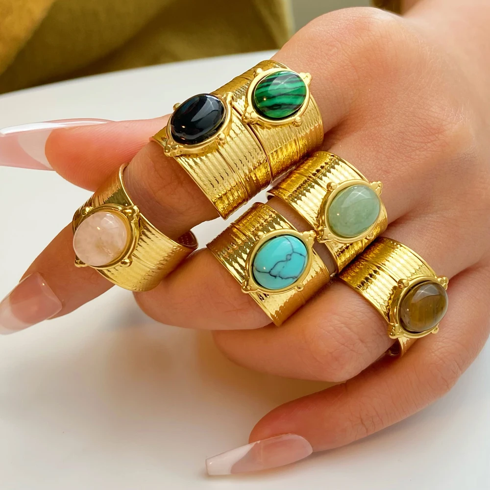 Vintage Natural Stone Geometric Gold Plated Stainless Steel Ring Trendy Fashion Ring Jewelry