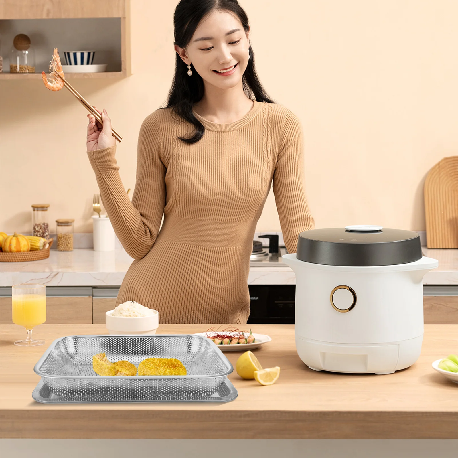 

1 Set Stainless Steel Frying Basket With Tray Heat-Resistant Mesh Cooking Container For French Fries Chicken Noodles Wonton Deep