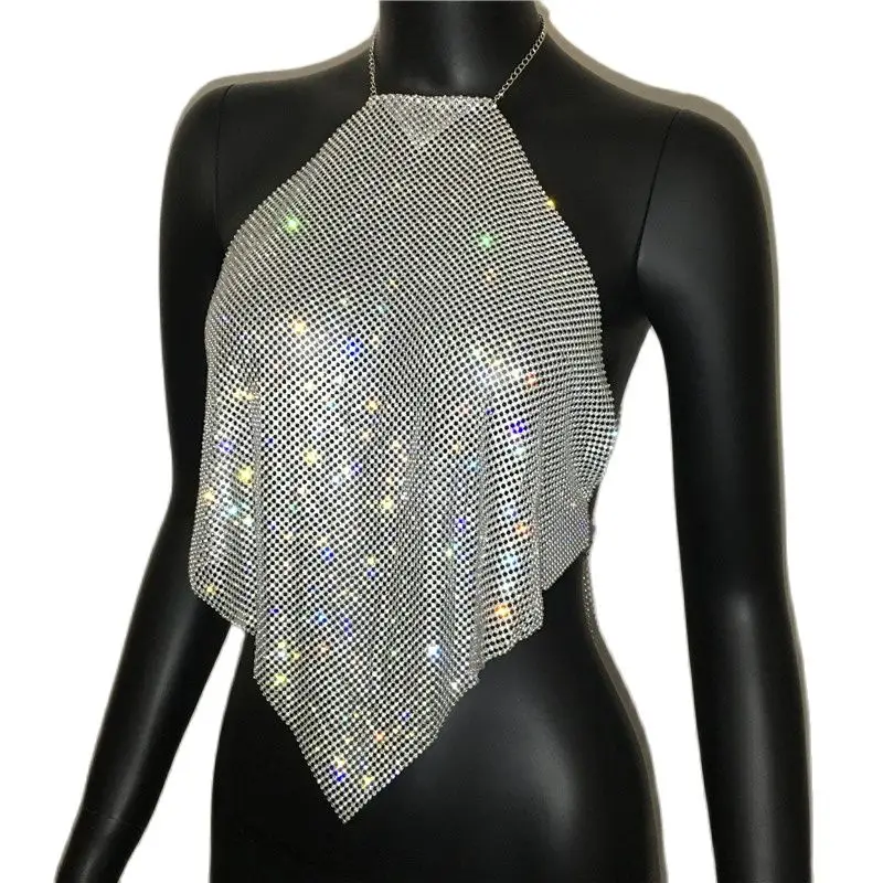 Bling Rhinestones Metallic Crop Top For Women Sexy Backless Bralette Party Halter Camisole Full Diamonds Sequins Tank Tops