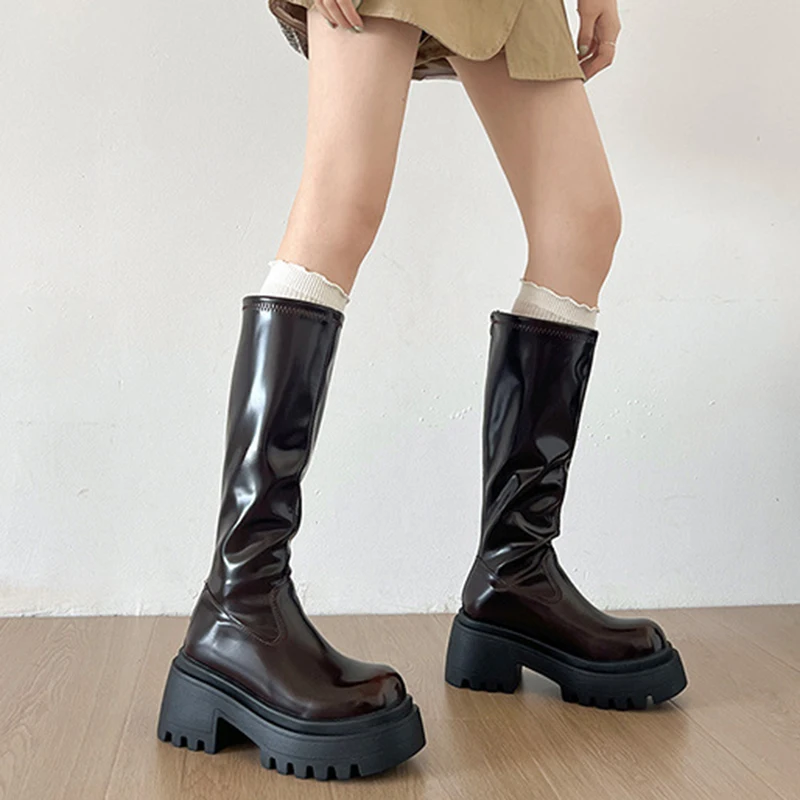 

Comemore Women's New Patent Leather Knee-High Boots Black Brown Chunky Sole Platform Shoes Casual Retro High Heels Long Botas