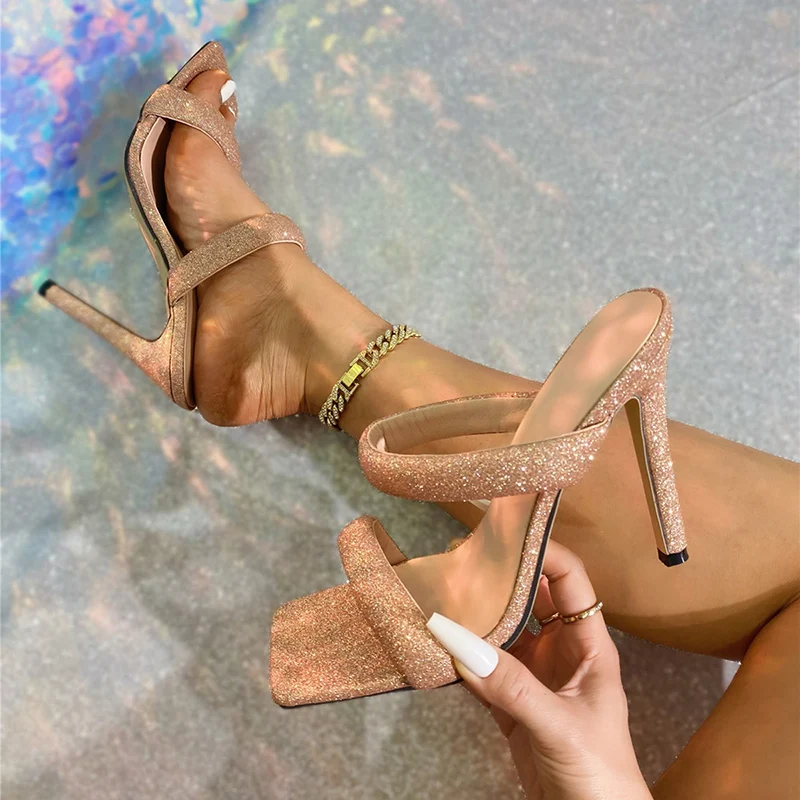 Kcenid Women's Pointed Toe High Heels Gold/Silver Narrow Band Slippers Summer Cozy Party Banquet Ladies Sandalias Plus Size 42