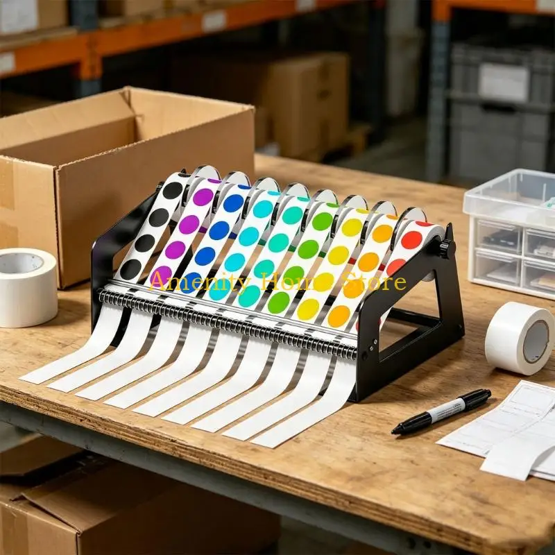 F26C Several Roll Label Dispenser Stand Metal 9 Slot Tabletop Rack for Sorted Sticker Storage, Open Access Holder for Home Use