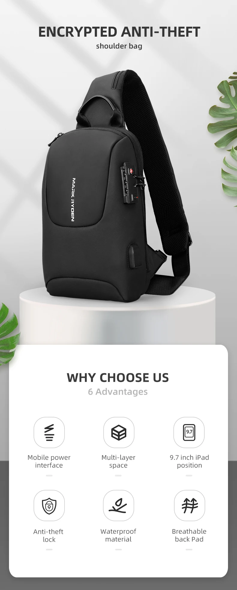 Mark Ryden Schultertasche mit USB TSA-Zollschloss Herren Umhängetasche Brusttaschen für Männer Brusttaschen Herren Schultertasche Crossbody – Detail 1