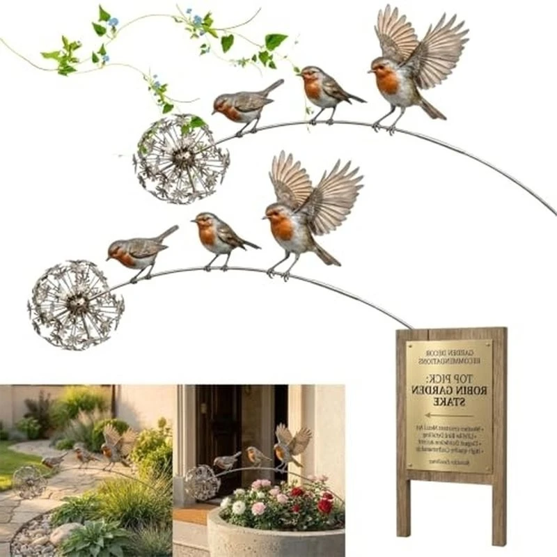 BMBY-Handmade Metal Sculpture Robingarden Stake Birds Dandelion Anddandelion Memorial Design Outdoor Yard Art For Lawn Patio