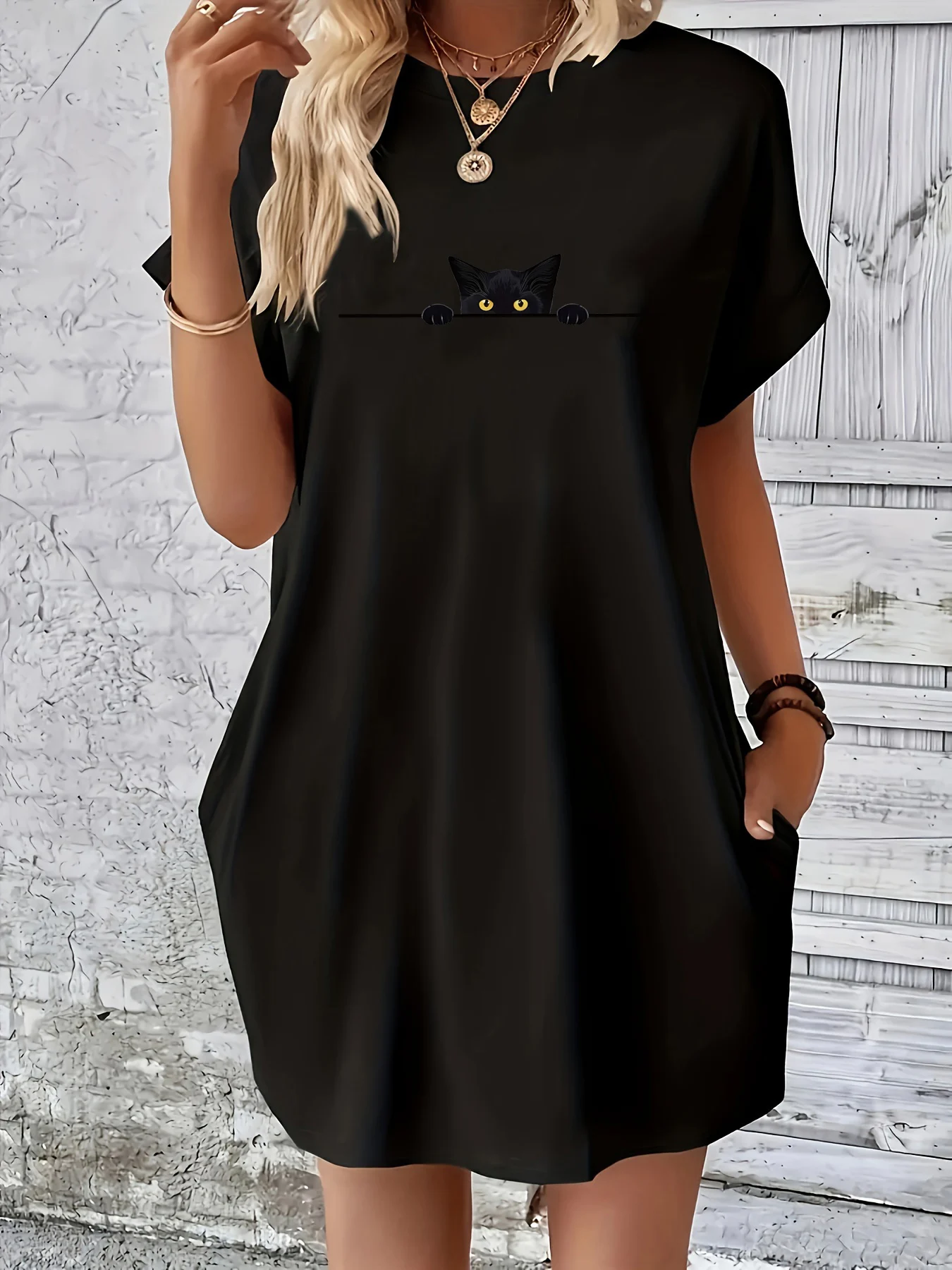 女性の夏ルーズ大パーソナライズされた猫柄プリントラウンドネック半袖ポケット快適なカジュアルドレス
