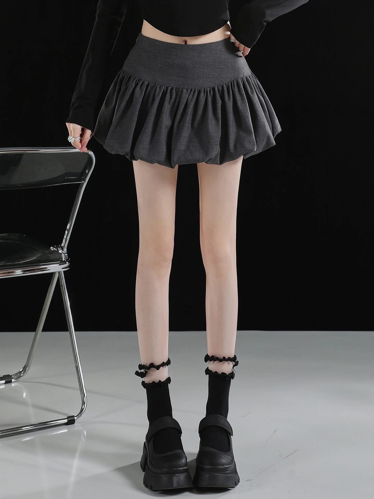 

Anti-Light ey Puffy High Waist ort Skirt Women's Autumn Winter Slimming Bicolor Bloomer Sle f-length Skirt