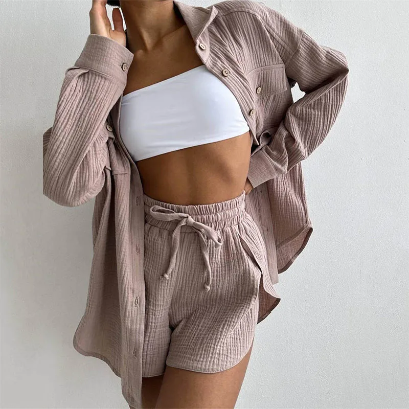 Summer Clothes Women Shirts Turn Down Collar Pockets Long Sleeve Tops and High Waist Shorts Suit Cotton Casual Two Piece Sets