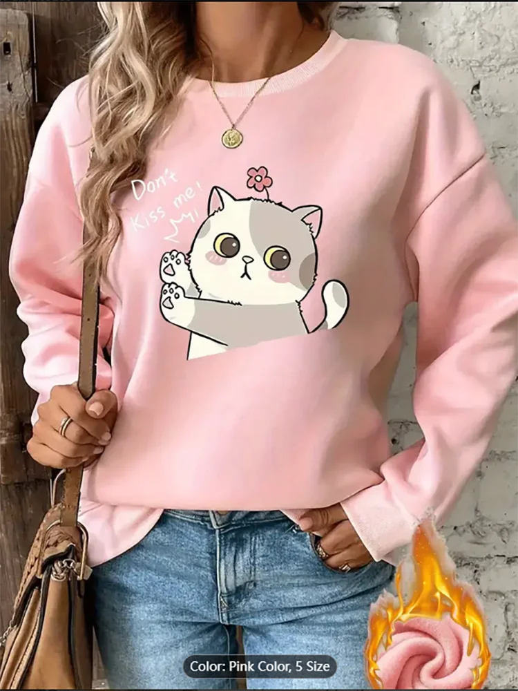 Women's Light Grey Sweatshirt  Cute Cat Graphic Print Fleece Lined Casual Oversized Pullover Top for Cat Lovers