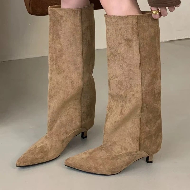 

Long Boots Women Pointed Toe Fashion Heeled Shoes Suede Designer Women Winter Boots 2025 New Knee High Chelsea Botas Para Mujer