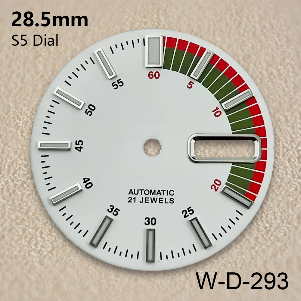 28.5mm Diving S 5 Dial Fit NH36/4R36 Movement Green Luminous Matte Dual Calendar Dial Watch Modification Accessories