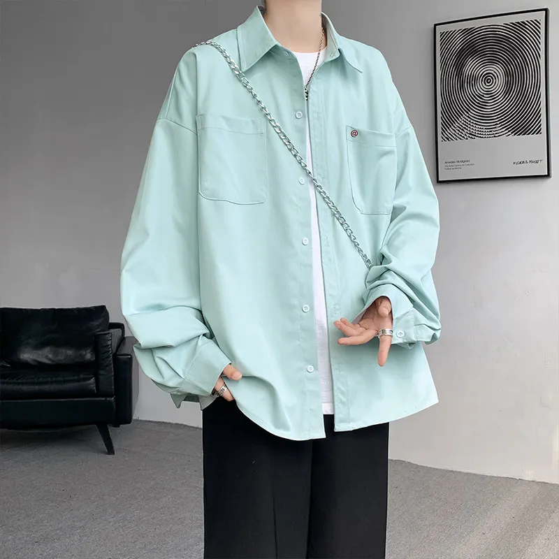 

Loose Men's Long Sve irt Pink Embroidered Casual Sle Polyester Fiber Durable Color Fastening Stand Fit Four Seasons