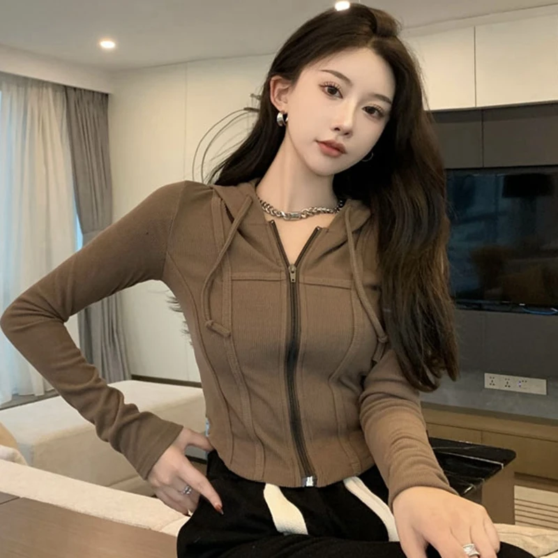 

Кроп-топы Y2k, модные толстовки для женщин 2023, женская повседневная куртка с капюшоном, Корейская уличная Вязаная толстовка