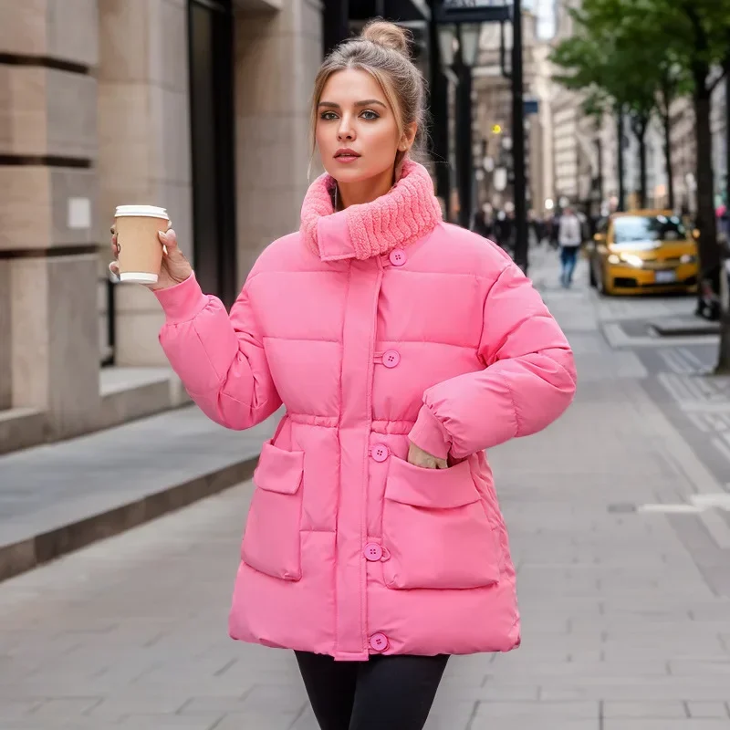 

2025 New Lamb Wool Lapel Cotton Jacket For Women Long Style Winter Female Cotton Jacket 2 Pocket Thicken Warm Coats Women Jacket