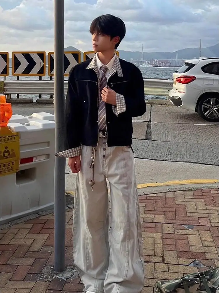 

Retro American Sle ort Bla Plaid Harington Jaet Men's Waed Canvas Stand Collar Workwear Coat Autumn 2025